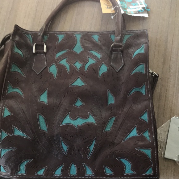 Gorgeous Western Spirit of the Red Horse Brown and Turquoise Leather Bag - Picture 1 of 9
